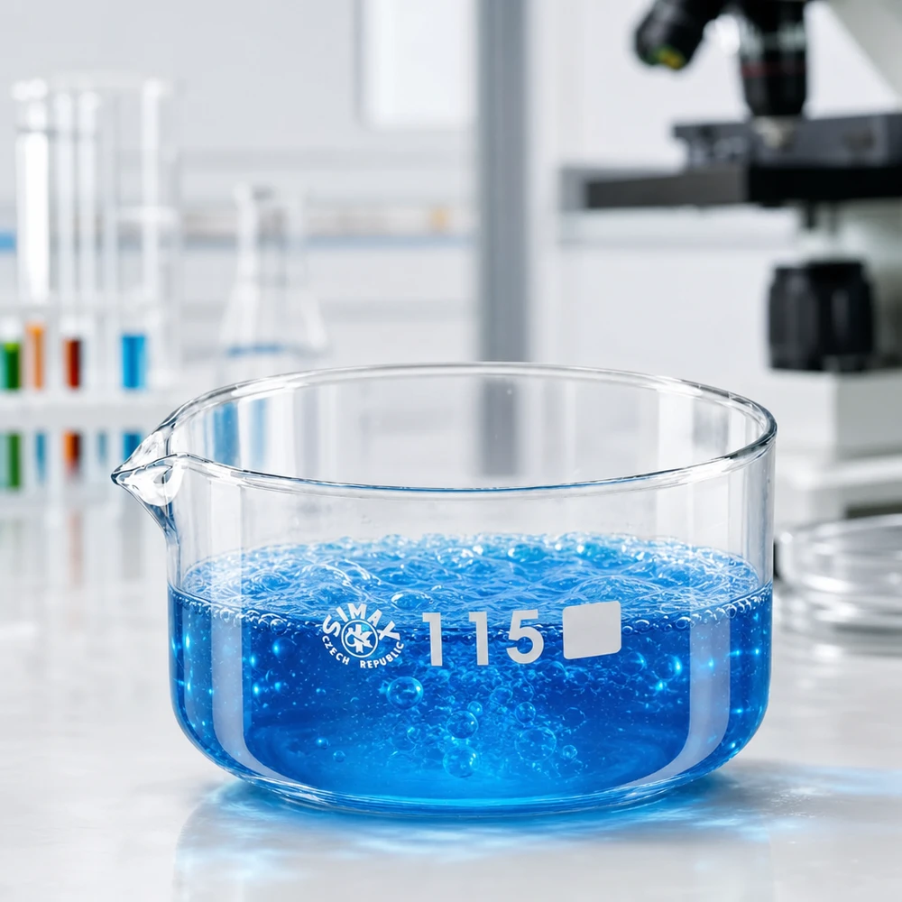 500ml kiteytysastia, jossa on nokka, borosilikaatti ø115mm. 500 ml:n kiteytysastia, jossa on sinistä kiehuvaa nestettä; kaatonokka ø115 mm; SIMAX, Tšekki; laboratorio