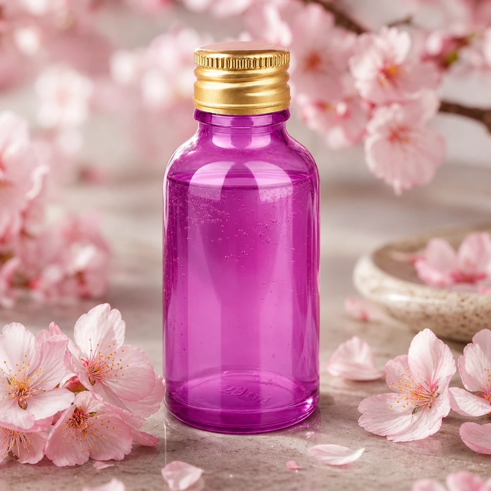 30ml pullo, jossa on kestävä kultainen alumiinikorkki ja UV-suojattu violetti lasi.