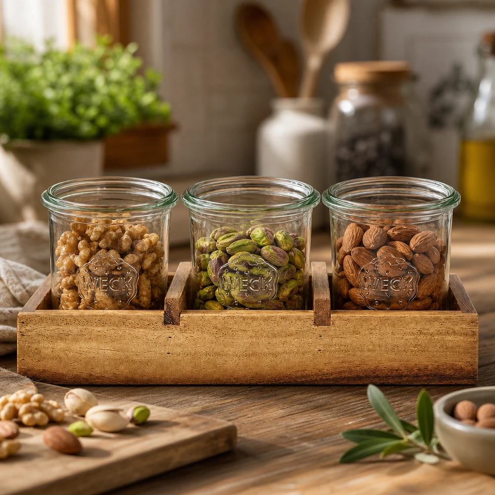 WECK tumblers pähkinöillä saksanpähkinät pistaasipähkinät mantelit akaasiapuussa Tarjoilualusta Box3 Keittiön säilytys Säilytys Säilytyspurkit