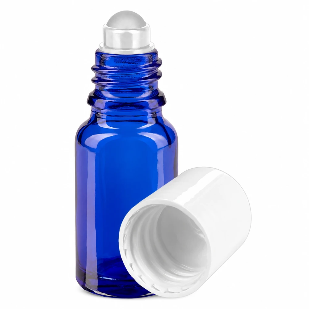 10 ml:n sininen roll-on-pullo apteekkilasista, valkoisella korkilla ja rullapää-annostelijalla