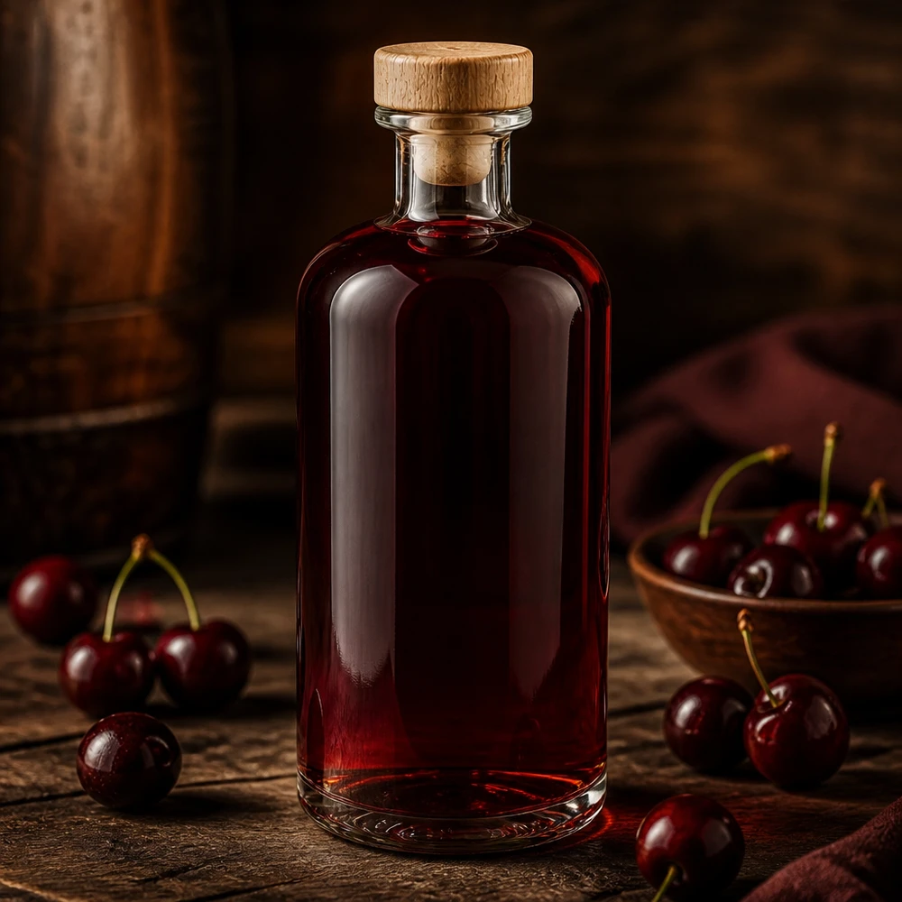 500ml Glasflasche "Flora" mit Holzgriff-Korken UNiTWIST Flora 500ml lasipullo, jossa on puukorkki ja joka on täytetty kirsikkaliköörillä tuoreiden kirsikoiden välissä maalaismaisella puupöydällä.