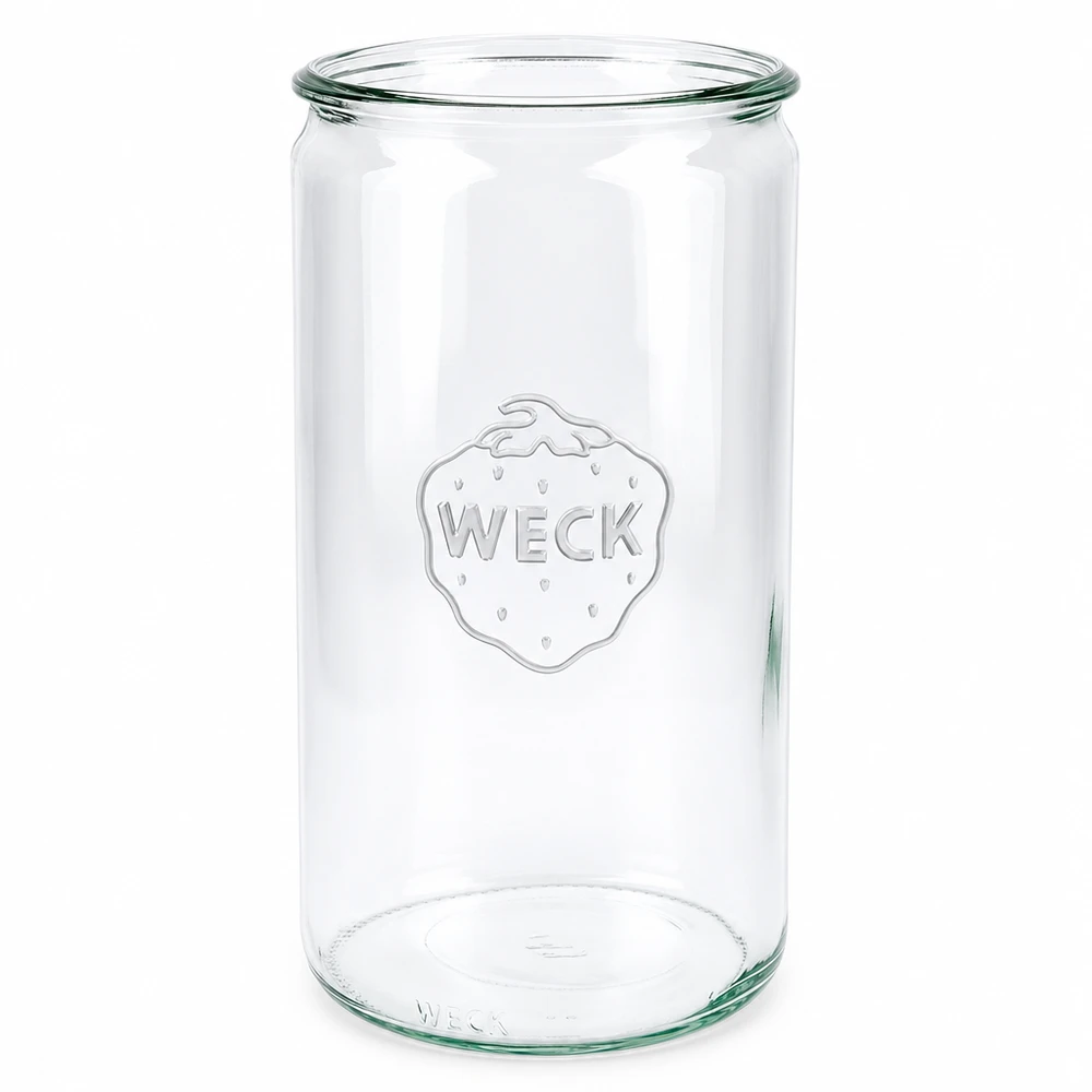 1590 ml:n sylinterimäinen WECK RR100 -lasipurkki WECK sylinteripurkki 1590ml RR100 säilöntätölkki läpinäkyvä, jossa on kohokuvioitu logo säilöntään ja säilykkeisiin