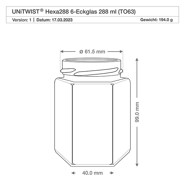 288ml Hexa-purkki ilman kantta (TO63) UNiTWIST UNiTWIST UNiTWIST Hexa288 6-kulmainen lasi 288ml TO63 Tekninen piirustus ja mitat Halkaisija 61.5mm Korkeus 99mm Paino 194g