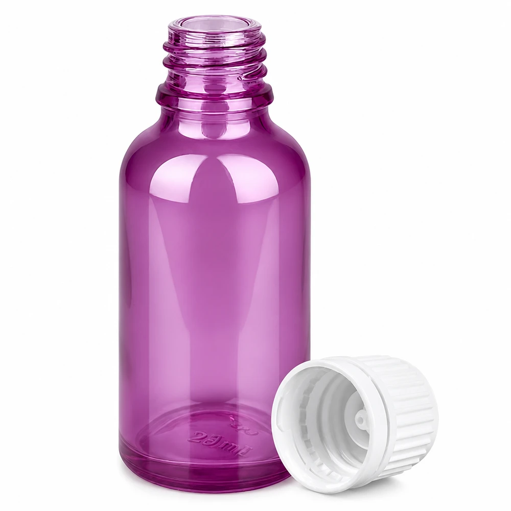 30ml violetti tippapullo valkoisella korkilla ihanteellinen aromaterapiaan ja luonnonkosmetiikkaan.