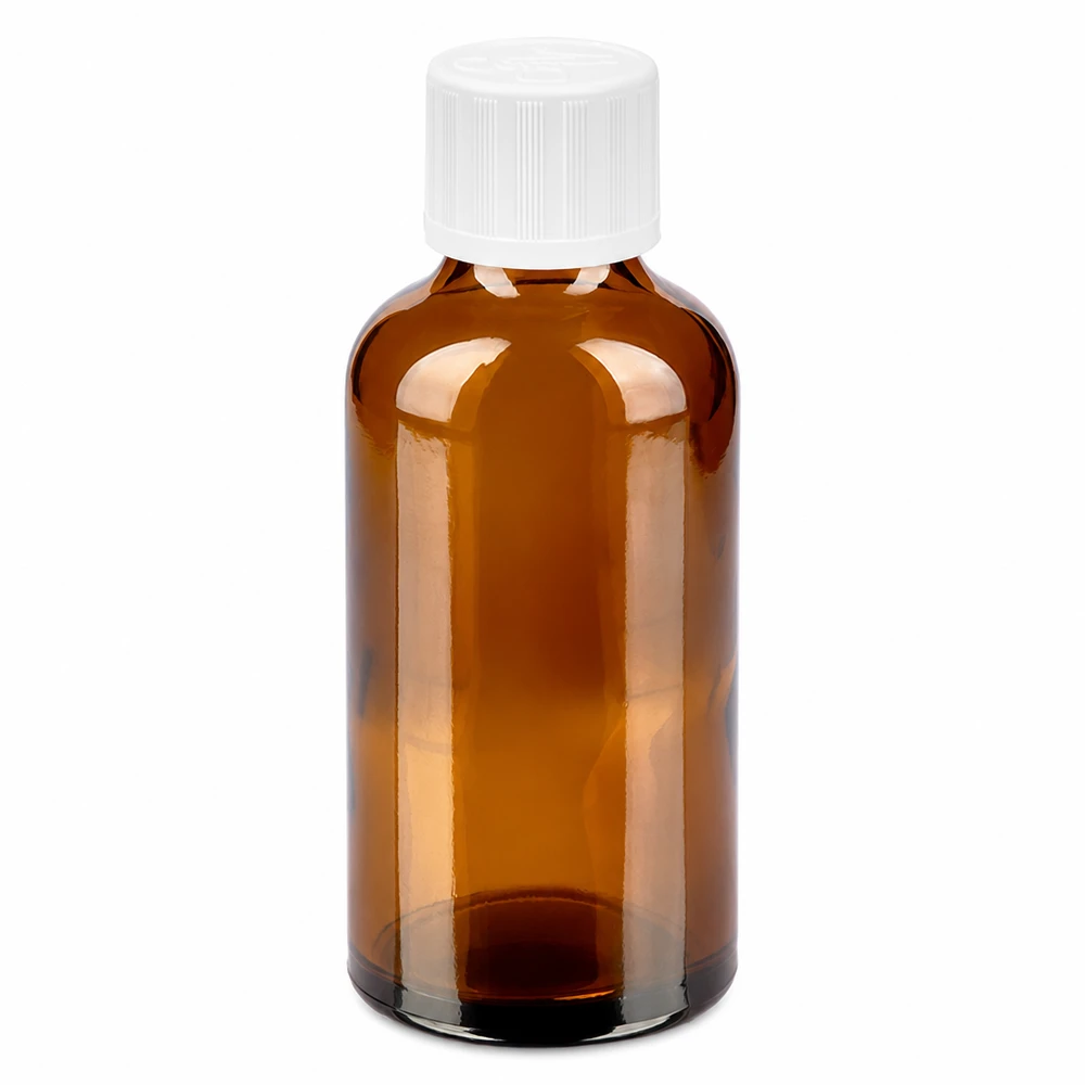 50ml pullo 11mm ruuvikorkki valkoinen vakio lapsiturvallinen BrownLine UT18/50 50ml meripihkanvärinen lasipullo valkoisella kierrekorkilla lääkkeille ja kosmetiikalle.