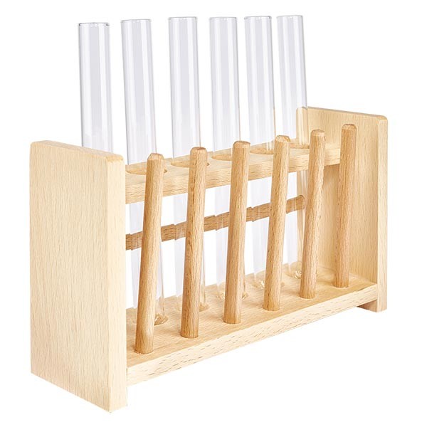 Puinen koeputkiteline, jossa on 6 koeputkea ja soodakalkki 160x16