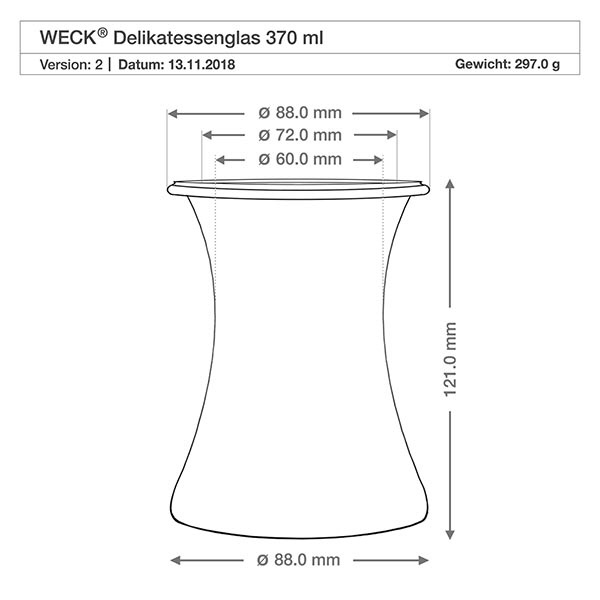 370ml herkkupurkki WECK RR80 korkilla luonnonmukainen WECK herkkupurkki 370ml RR80 tekninen piirustus mitat halkaisija 88mm korkeus 121mm paino 297g