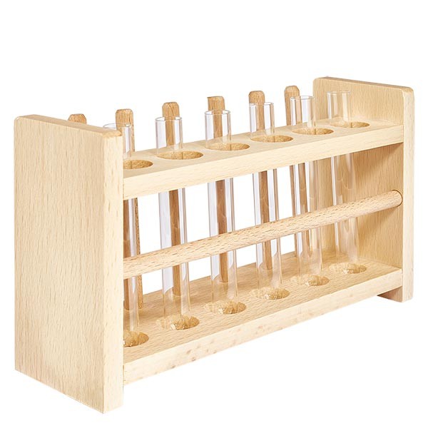 Puinen koeputkiteline, jossa on 6 koeputkea sekä soodakalkki 100x12. Puinen koeputkiteline, jossa on 6 koeputkea sekä soodakalkki 100x12.