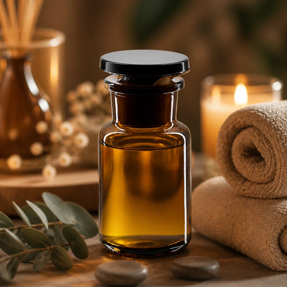 Keltainen, leveäkaulainen apteekkipullo, 50 ml, mustalla tulpalla, spa-tunnelmassa