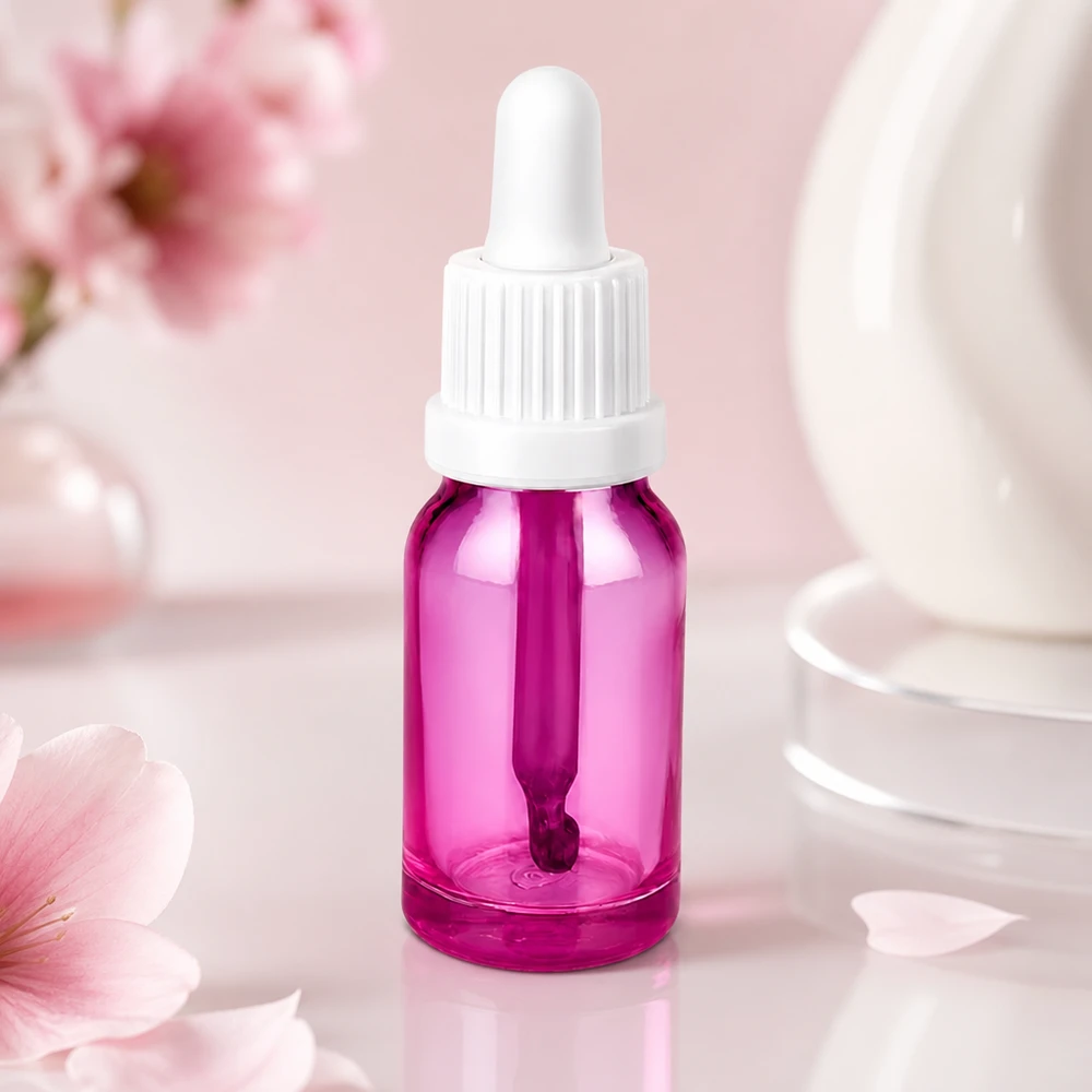 Elegantti pipettipullo 10ml violetilla ja valkoisella tippapullolla eteerisille öljyille.