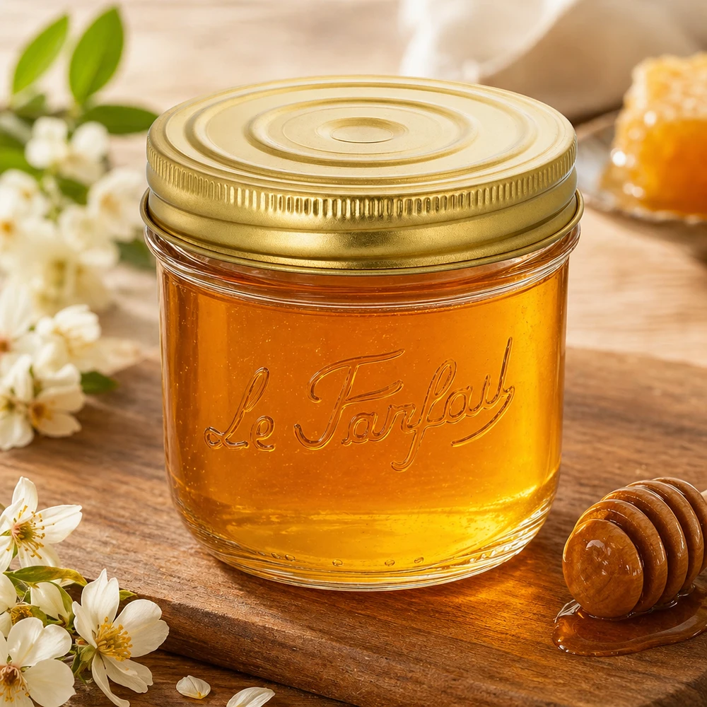 Hunaja 415 ml:n Le Parfait Familia Wiss -purkissa, jossa on kultainen kansi, puulauta, jossa on kukkia ja hunajalusikka.