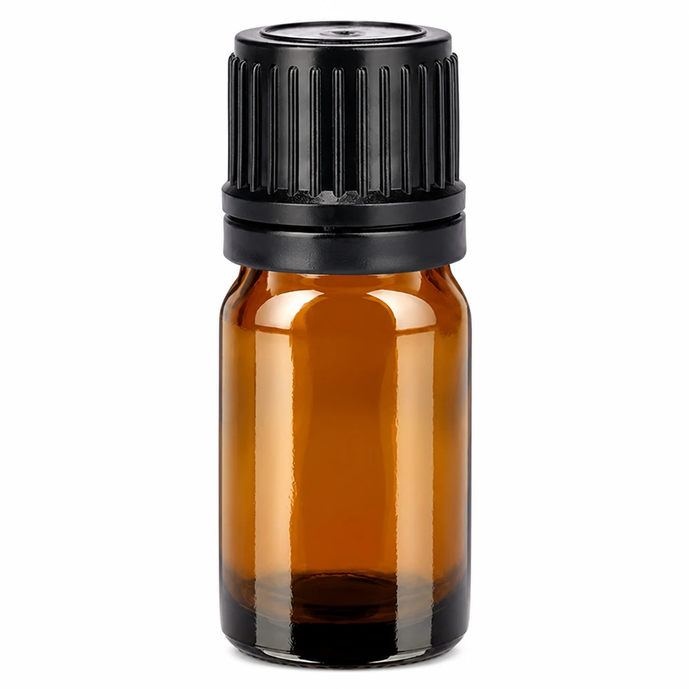5ml pullo 11mm ruuvikorkki musta väärentämisen estävä korkki BrownLine UT18/5 5ml ruskea lasipullo mustalla kierrekorkilla eteerisille öljyille ja aromaterapialle.
