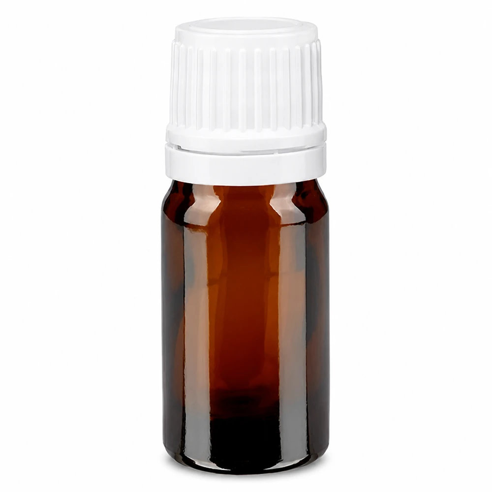 Apteekkipullo ruskea 5ml ruuvikorkki valkoinen väärentämisen estävä korkki 5 ml:n ruskea apteekkipullo meripihkavärisestä lasista, valkoisella kierrekorkilla (11 mm)