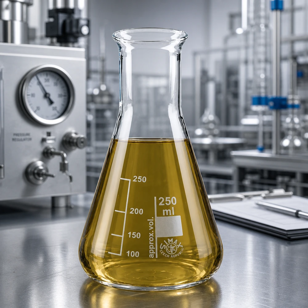 Erlenmeyer-pullo 250ml kapeakaulainen pullo Lämmönkestävä 250 ml:n Erlenmeyer-pullo borosilikaattilasista, jossa on keltaista nestettä modernissa laboratoriodesignissa.