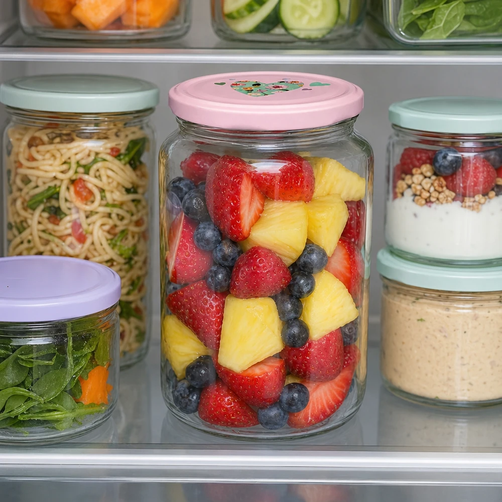 795ml pyöreä purkki + BasicSeal kansi sydän vaaleanpunainen UNiTWIST Rundglas 795ml mit rosa Herzdeckel gefüllt mit Obstsalat im Kühlschrank neben anderen Vorratsgläsern mit Salat und Nudel