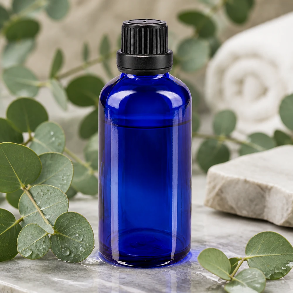 Apteekkipullo sininen 50ml ruuvikorkki musta peukaloitava sulkeminen. Koboltinsininen 50 ml:n apteekkipullo, jossa on musta alkuperäinen kierrekorkki, eukalyptusoksien keskellä
