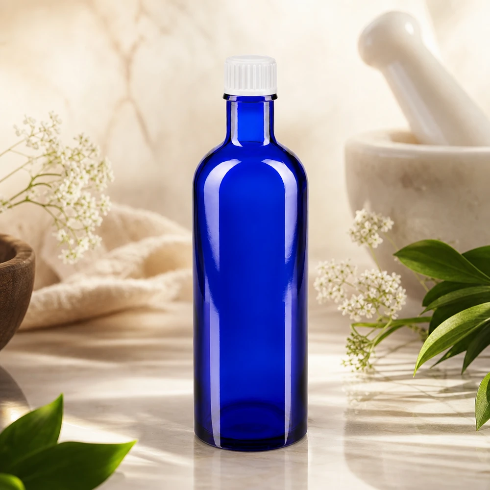 Apteekkipullo sininen 200ml ruuvikorkki valkoinen vakio Sininen apteekkipullo, 200 ml, valkoisella kierrekorkilla, lääkekasvien ja morttelin välissä