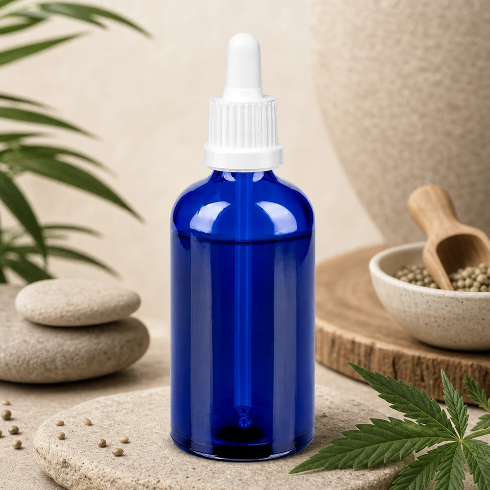 100ml pipettipullo valkoinen väärentämisen estävä suljin BlueLine UT18/100 100ml sininen lasipullo valkoisella pipetillä ihanteellinen CBD-öljylle ja tinktuureille BlueLine UT18/100