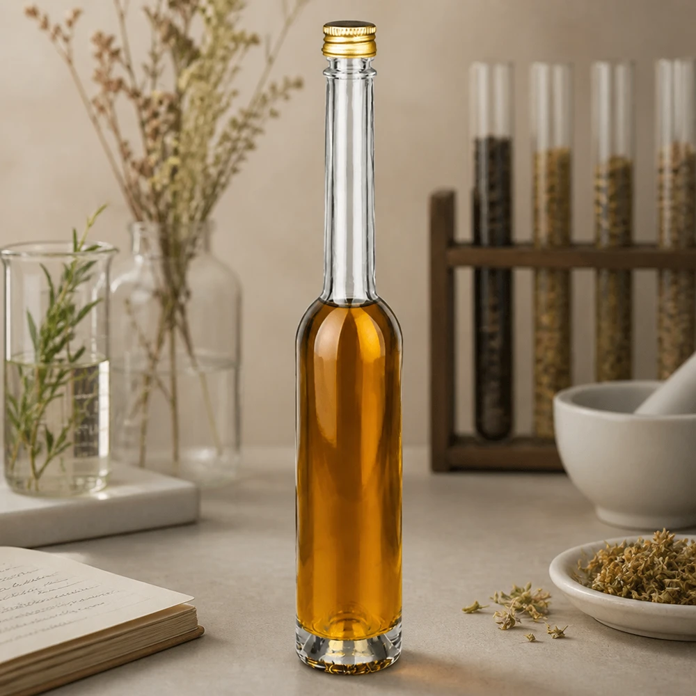 100ml Glasflasche "Toni" mit Schraubverschluss gold UNiTWIST 100ml Glasflasche Toni mit bernsteinfarbener Flüssigkeit in apotheker-inspiriertem Ambiente - UNiTWIST Goldverschluss