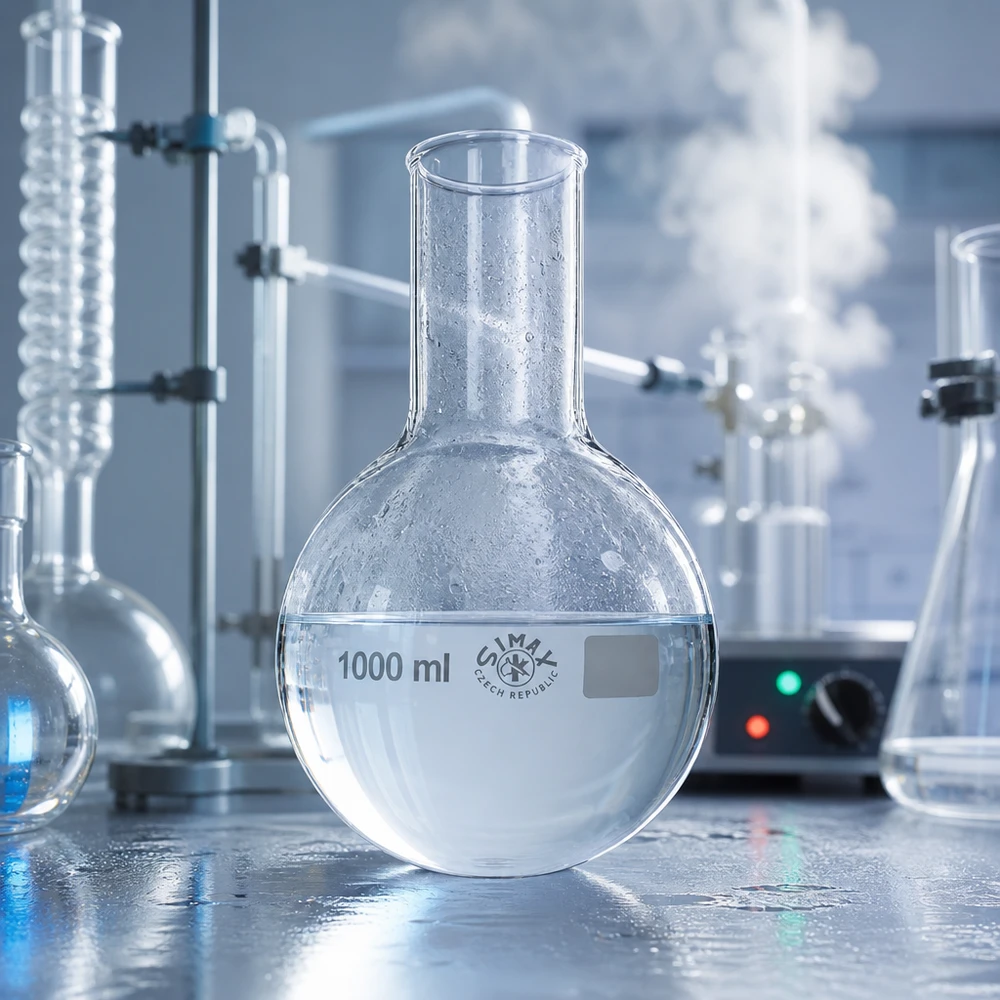 Pyöreäpohjainen pullo 1000ml leveä kaula Ammattimainen laboratoriopullo 1000ml, jossa on leveä kaula synteeseihin ja kemian reaktioihin.