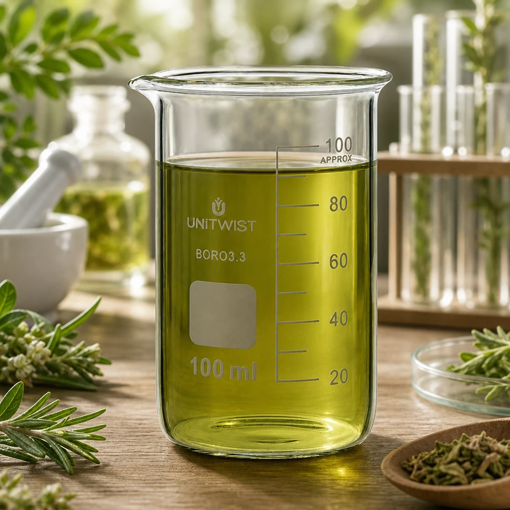 UNITWIST-lasikuppi, 100 ml, korkea malli, borosilikaattia, sisältää vihreää yrttiöljyä ja on ympäröity tuoreilla lääkekasveilla