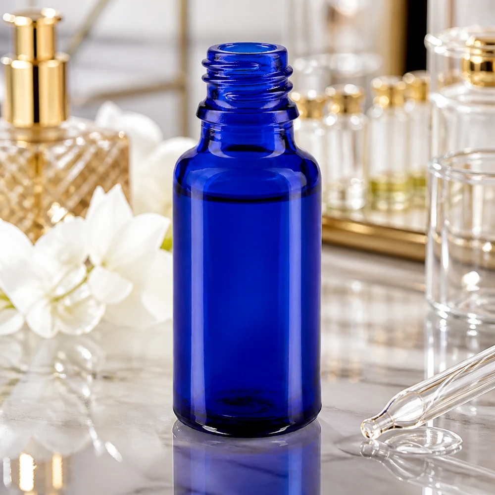 Tiputinpullo 20ml DIN 18 BLAUGLAS Elegantti 20ml ApoGlas-pullo syvänsinisellä muotoilulla kosmetiikkaan ja luontaishoitoaineisiin