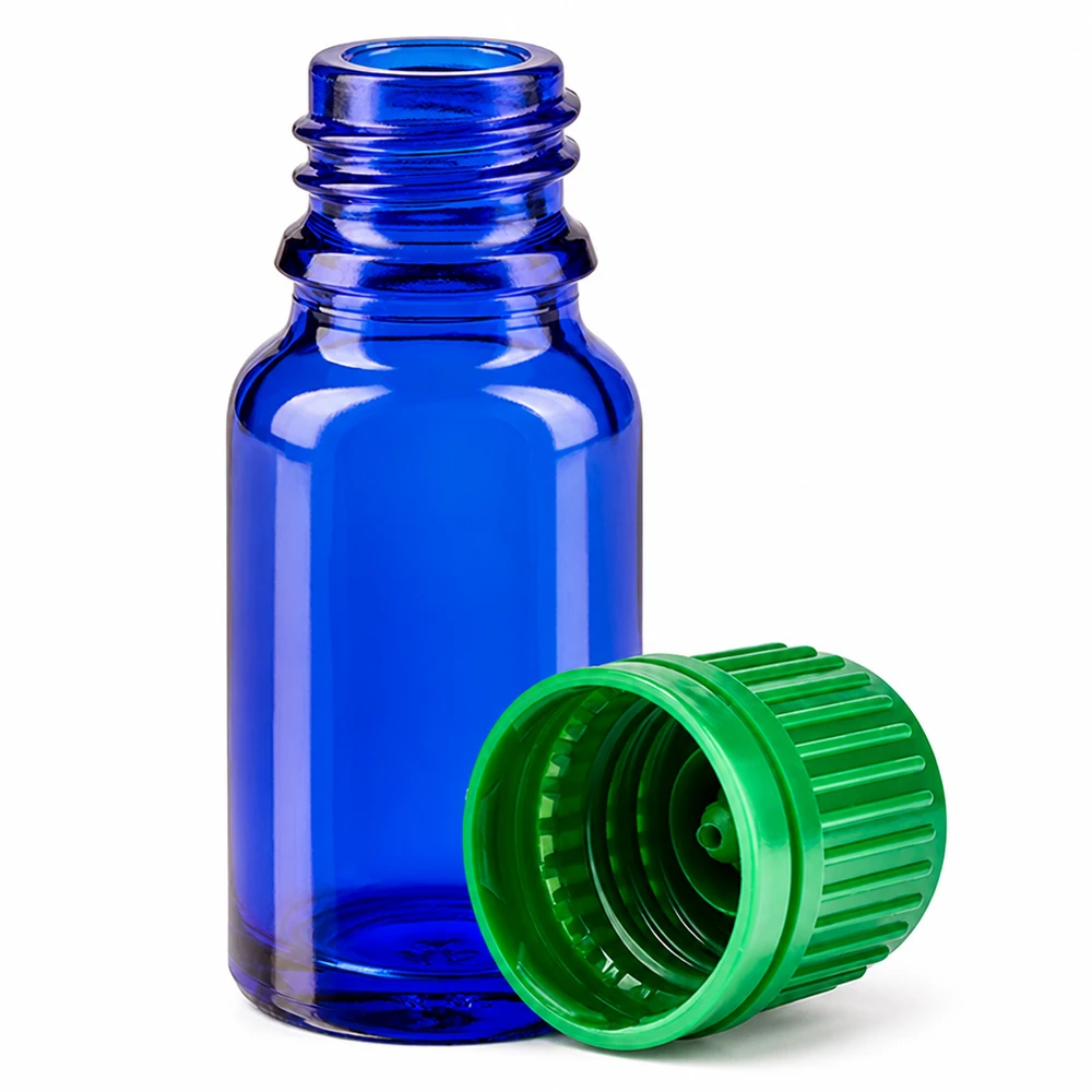 10ml pullo 11mm ruuvikorkki vihreä peukaloitava korkki BlueLine UT18/10 Pieni 10ml koboltinsininen lasipullo vihreällä korkilla aromaterapiaan ja luonnonkosmetiikkaan.