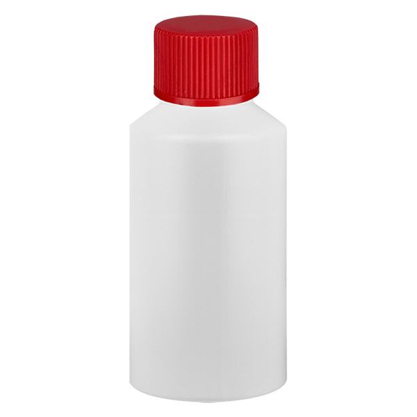 Apteekkipullo HDPE 50ml valkoinen, punaisella ruuvikorkilla varustettu Apteekkipullo HDPE 50ml valkoinen, punaisella ruuvikorkilla varustettu