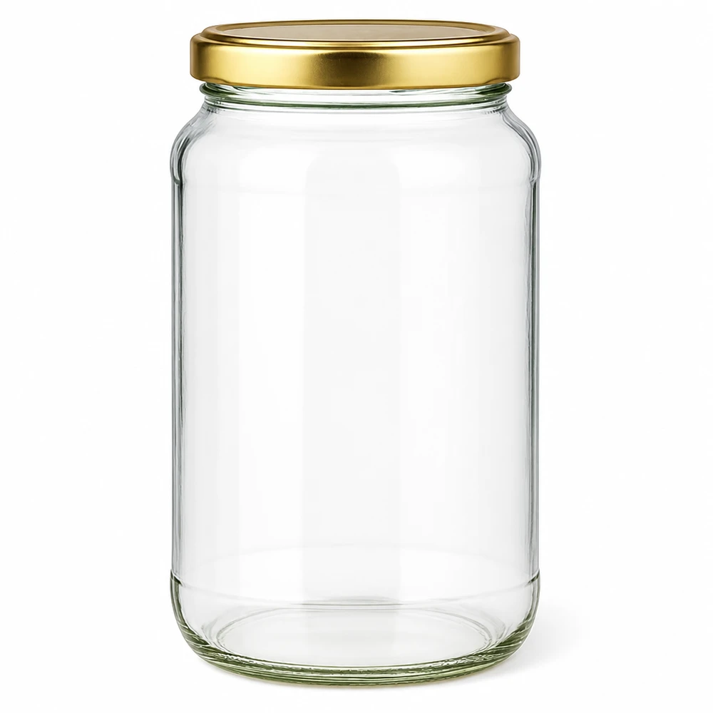 1700ml pyöreä purkki kultaisella BasicSeal UNiTWIST-kannella - tyhjä kirkkaasta lasista valmistettu säilöntätölkki säilöntään.