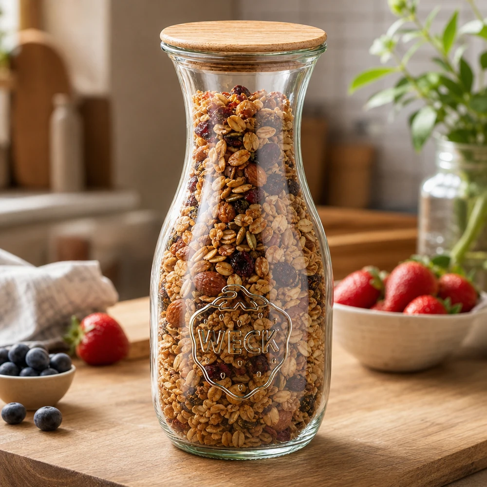 530ml mehupullo WECK RR60, jossa on puinen kansi WECK mehupullo 530ml RR60 täynnä mysliä ja pähkinöitä säilytyspurkkina, jossa on puukansi puulevyllä.