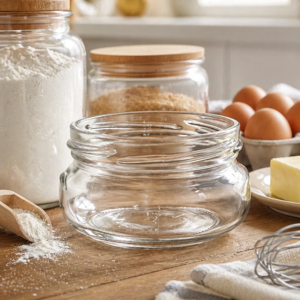 120ml terriinipurkki ilman kantta (TO70) UNiTWIST UNiTWIST UNiTWIST Terrina120 terriinipurkki 120ml TO70 tyhjä puulauta keittiössä, jossa on leivonta-ainesosia ja säilytyspurkkeja