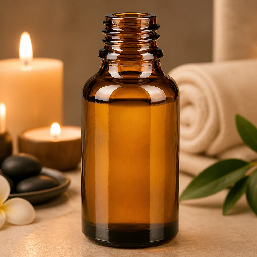 30ml ruskea ApoGlas-pullo, jossa on wellness-tarvikkeita, spa-kivet, pyyhe ja aromaterapiakynttilät.