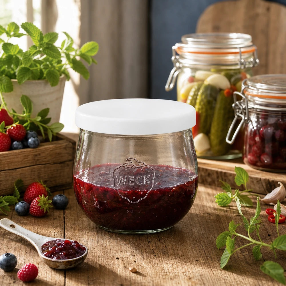 WECK tulppaanipurkki 370ml täynnä marjahilloa silikonikansi valkoinen säilöntä hillon säilytyspurkki keittiöön