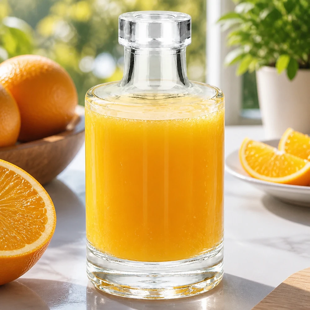 100 ml:n Marie-lasipullo, joka on täytetty appelsiinimehulla ja jota ympäröivät tuoreet appelsiinit ja appelsiiniviipaleet marmoripöydällä.
