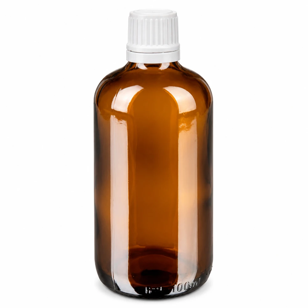 100 ml:n ruskea apteekkipisara-pullo ruskeasta lasista, valkoisella OV-korkilla ja 0,7 mm:n tiputtimella