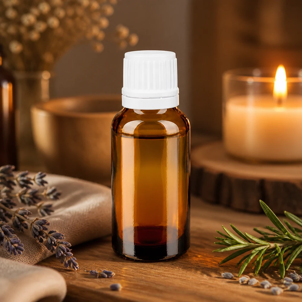Apteekkipullo ruskea 20ml ruuvikorkki valkoinen väärentämisen estävä korkki Pieni 20 ml:n ruskea lasipullo, jossa on valkoinen tippakorkki ja jota ympäröivät laventeli ja rosmariini