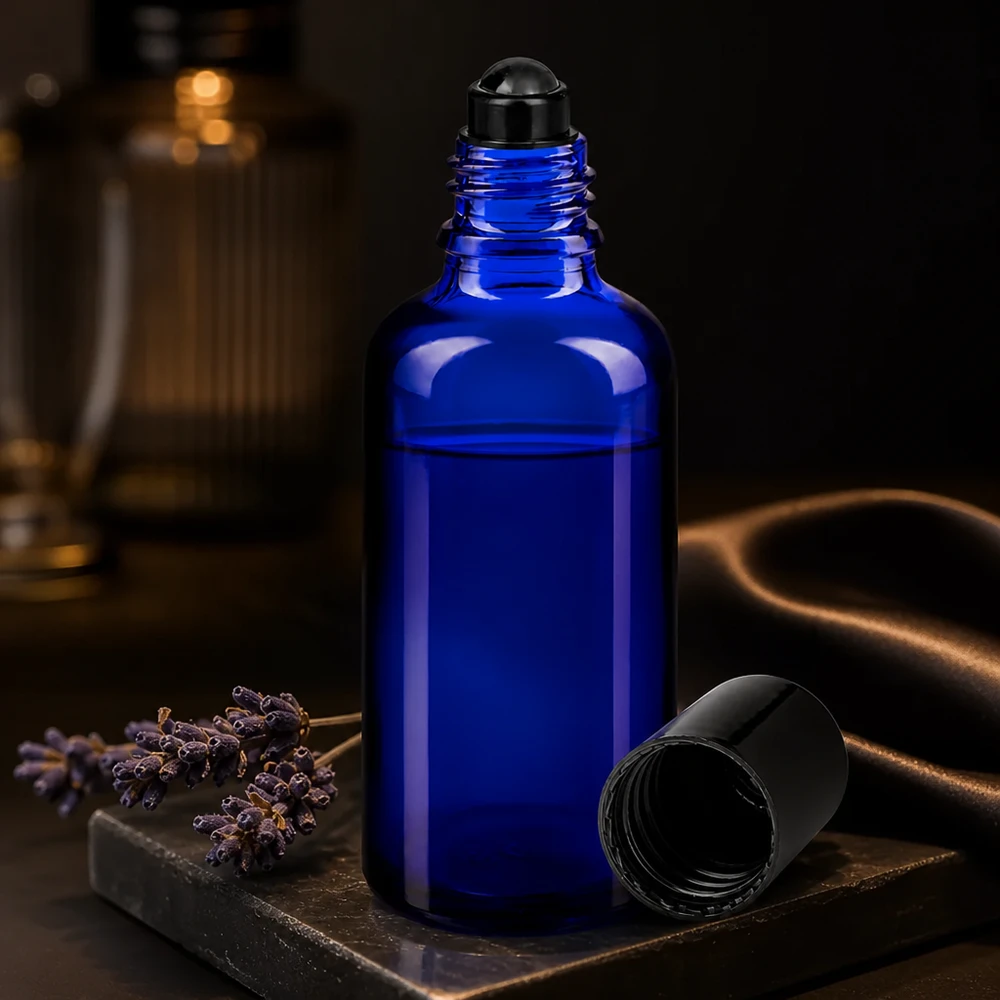 50 ml:n koboltinsininen roll-on-pullo UV-suojalasista, jossa on musta pallomainen annostelija ja laventelikoriste