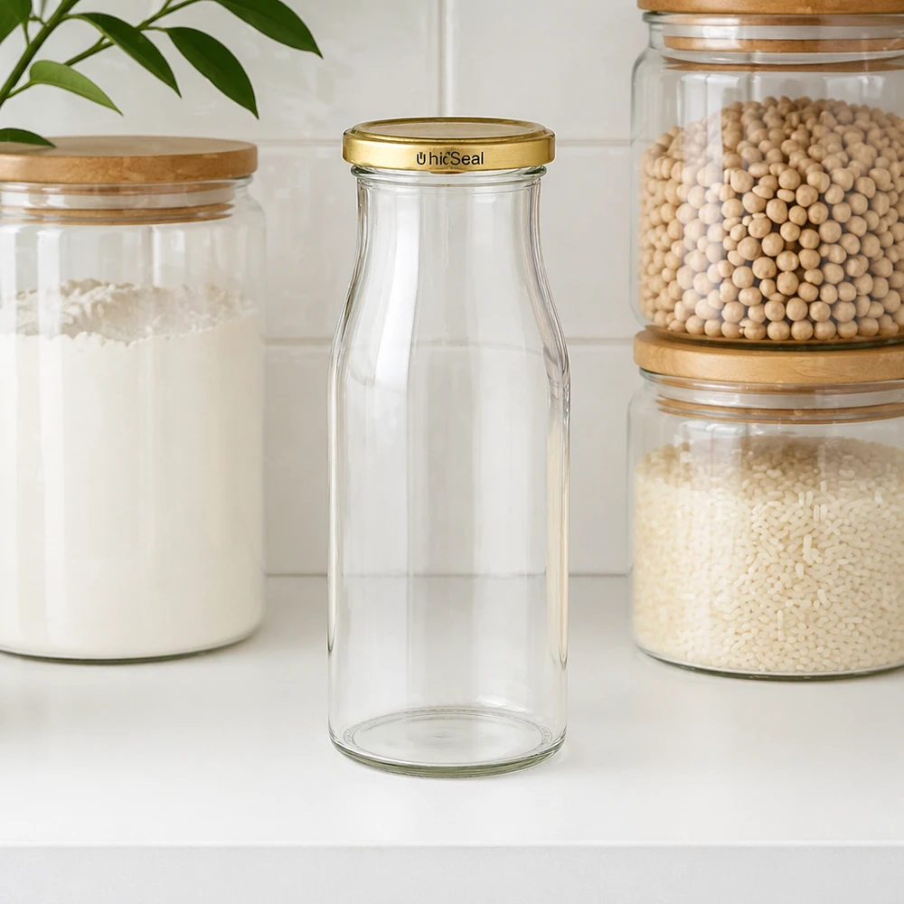 150ml pullo kultaisella UNiTWIST BioSeal-kannella. Tyhjä UNiTWIST-lasipullo 150ml, jossa on kultainen BioSeal-korkki keittiössä ruokapurkkien välissä.