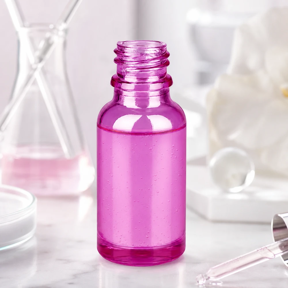 Pieni 20ml PurpleLine-lasipullo tyylikkäässä violetissa värissä, jossa on käytännöllinen UNiTWIST-sulkemisjärjestelmä.
