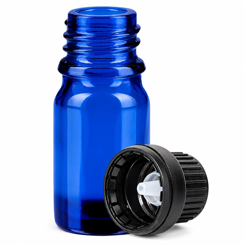 5ml tippapullo 2mm musta peukaloitava korkki BlueLine UT18/5 BlueLine UT18/5 5 ml:n tippapullo sinisestä lasista, jossa on 2 mm:n tippa-aukko OV BlueLine UT18 tarkkaa annostelua varten.