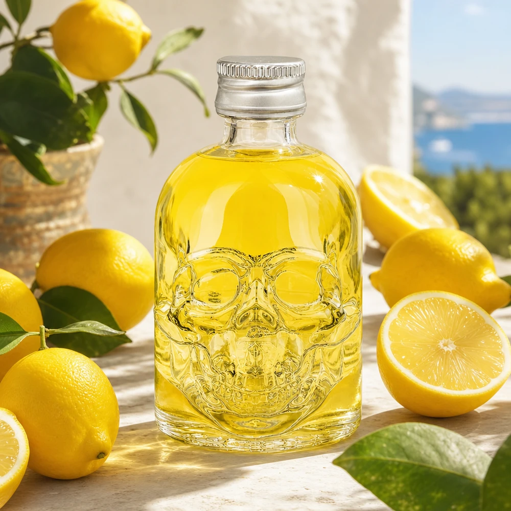 50ml lasipullo Hector kallon muotoinen keltainen sisältö koristeltu välillä tuoreita sitruunoita puupöydällä