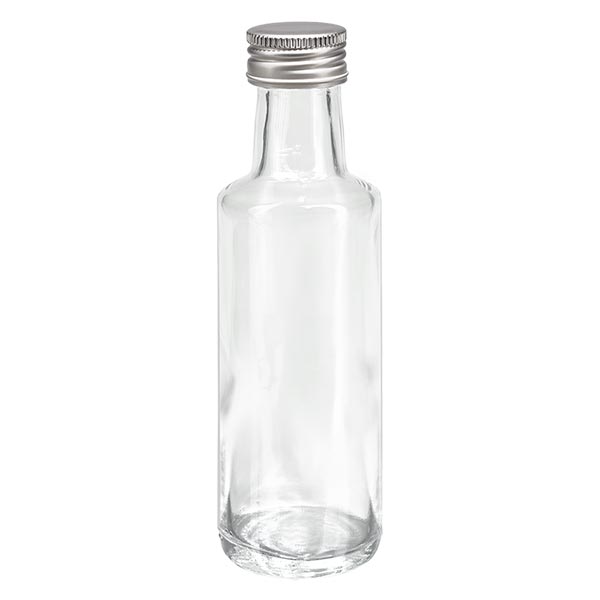 100ml kierrekorkkipullo pyöreä kristallinkirkas, jossa on hopeinen korkki