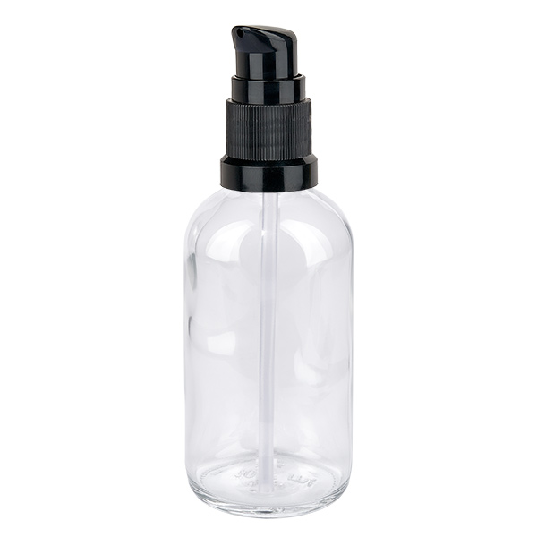 100ml pumppupullo musta vakiokorkki ClearLine UT18/100 100 ml:n lasipullo, jossa on musta pumppu, ClearLine-sarjan läpinäkyvä apteekkipullo