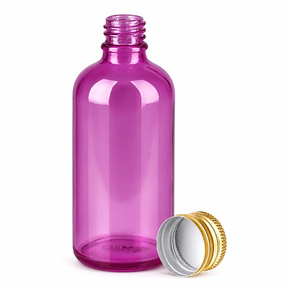 100ml violetti lasipullo, jossa on alumiininen kierrekorkki eteerisille öljyille ja tinktuureille.
