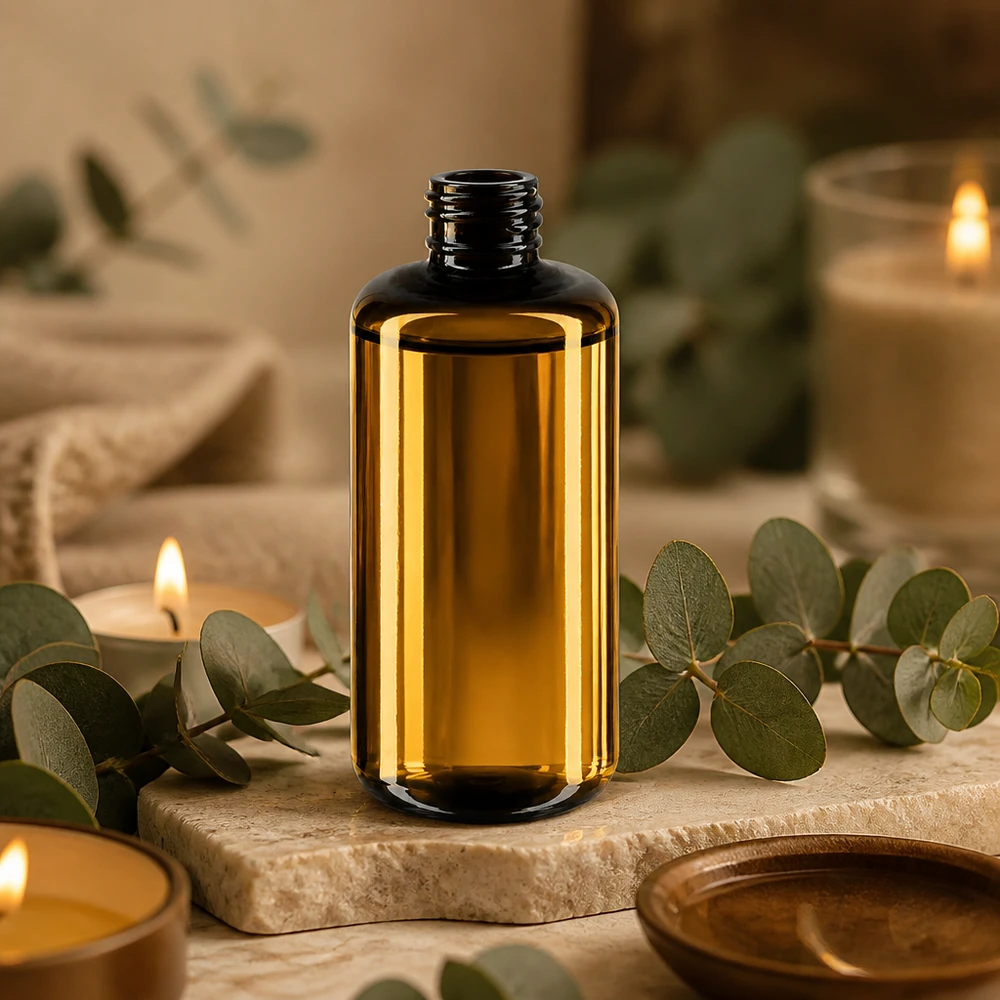 Violetti lasipullo 200ml 410/24 Elegantti 200ml Draco violetti lasipullo elegantissa meripihkanvärisessä muotoilussa ensiluokkaisille kosmetiikkatuotteille.