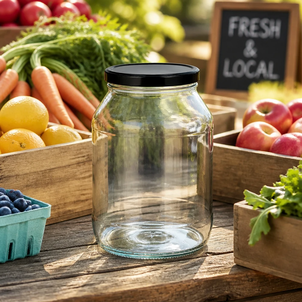 2650ml pyöreä purkki, jossa on BasicSeal-kansi musta UNiTWIST Leeres 2650ml Rundglas mit schwarzem Deckel zwischen frischem Obst und Gemüse auf Holztisch im Farmers Market Stil