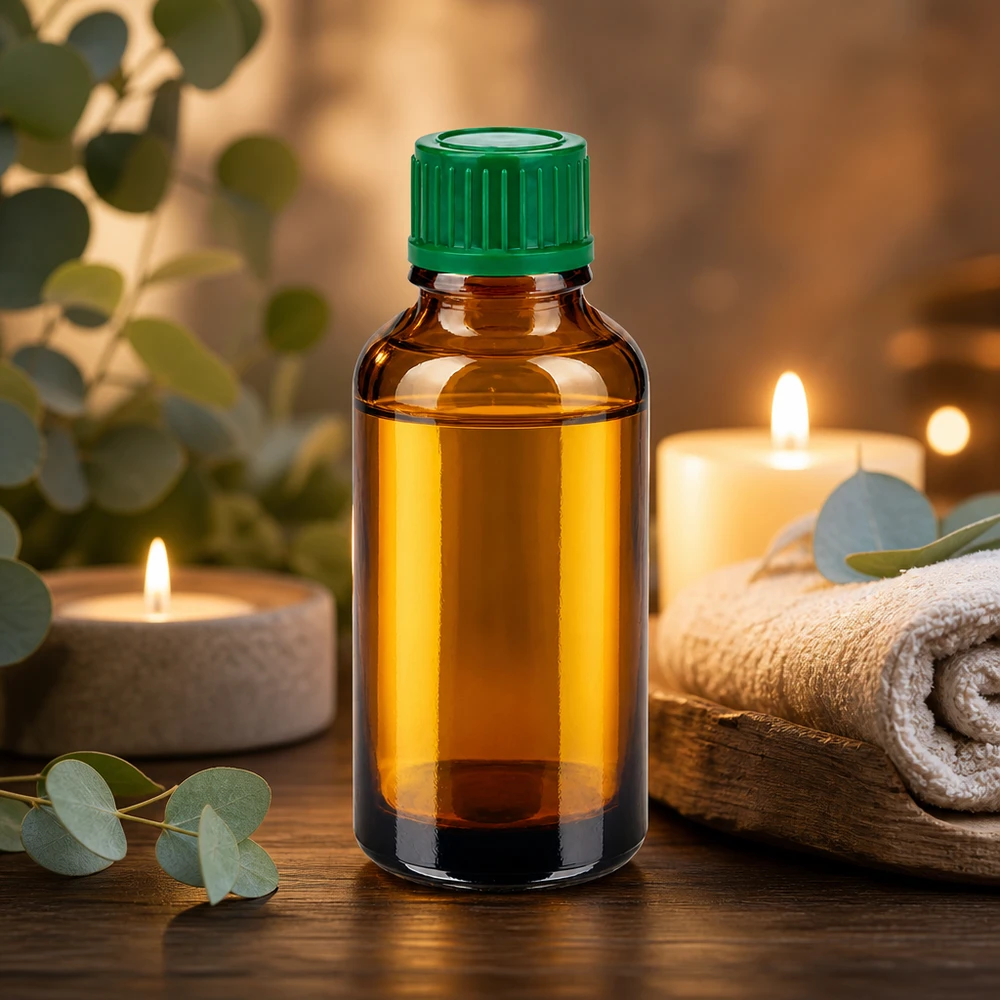 Pieni 30ml lasipullo ruskealla ruskealla ja vihreällä kannella ihanteellinen aromaterapiaan ja kosmetiikkaan.