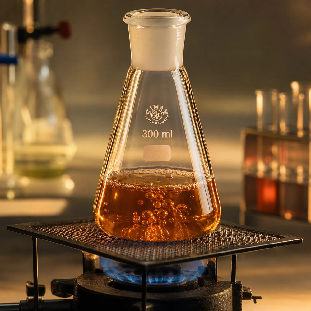 Erlenmeyer-pullo 300 ml, jossa on vakiohiottu liitos 29/32 ja jota lämmitetään kaasupolttimella oranssilla nesteellä.