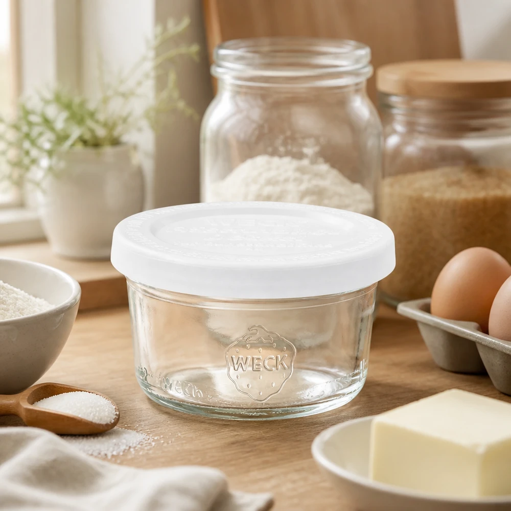 50ml WECK RR60 -mukit, joissa on tuore kansi maalaismaisessa keittiössä leivonta-ainesten, jauhojen, munien ja puisten välineiden välissä.