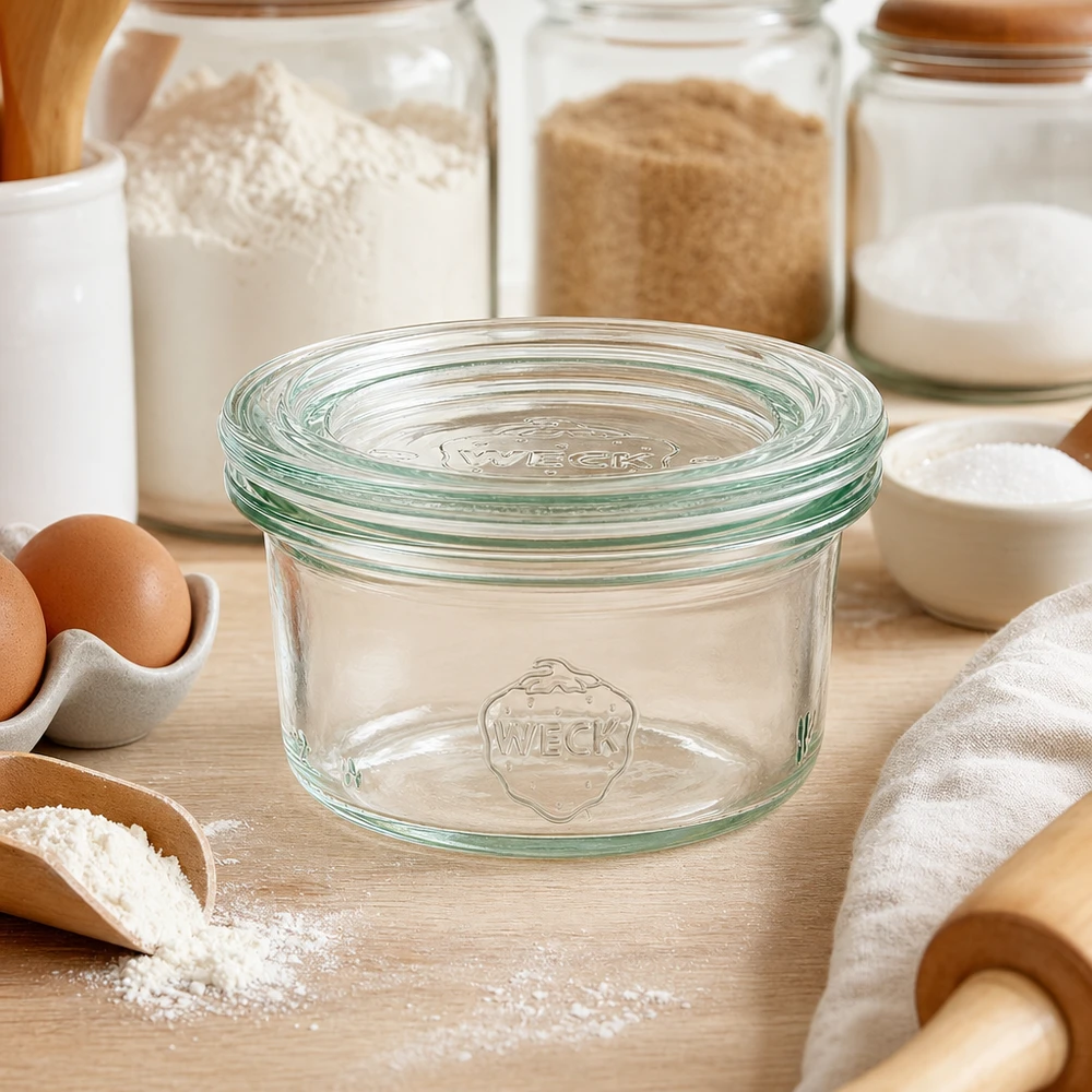 50ml lasikannelliset lasipullot WECK RR60 - 50ml lasipurkki. WECK-lasit 50ml RR60 keittiössä, jossa on jauhoja, munia ja leivonta-aineksia monipuoliseen säilytykseen.